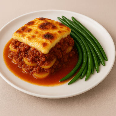 Svensk moussaka (köttfärs och potatisgratäng), haricotsverts