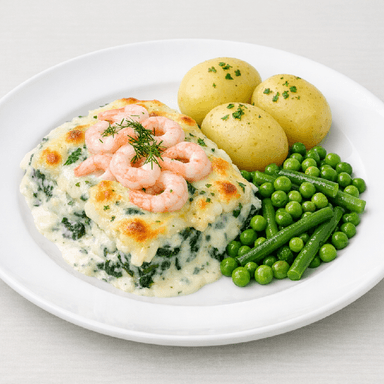 Fiskgratäng med spenat och räkor, potatis, gröna grönsaker