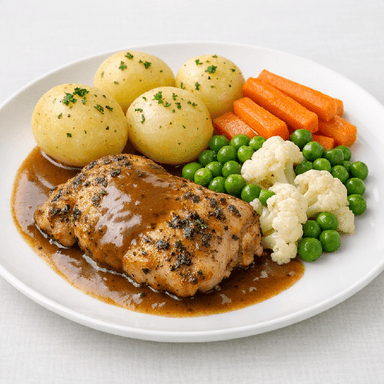 Örtbakad kyckling, brunsås, potatis, sommarblandning