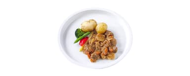 Fläskköttsgryta med apelsin, morötter och ingefära, potatis, vaxbönblandning. Jordgubbssmoothie