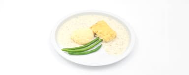 Fiskpudding, dillsås, potatismos, haricot verts, Fruktsallad