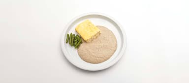 Omelett, svampsås, brytbönor, Jordgubbssmoothie