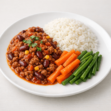 Chili con carne, ris, morötter