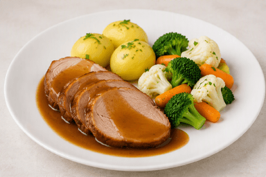 Plommonkarré, sås, potatis, bukettgrönsaker