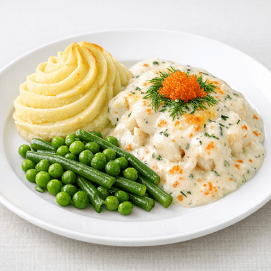 Kaviarfisk, potatismos, gröna grönsaker