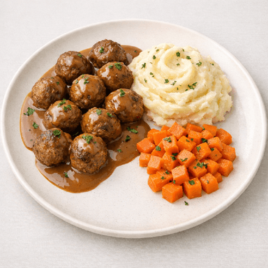 Köttbullar, brunsås, potatismos, morötter