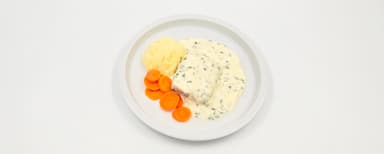 Pocherad sejrygg, sandefjordssmör, potatismos, morot. Mjuk pepparkaka med färskosttopping