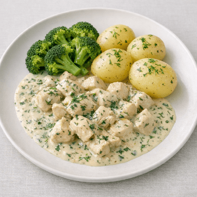Kycklingfrikassé, potatis, broccoli