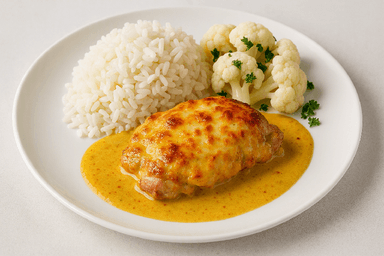 Kycklinggratäng med mango, ris, blomkål