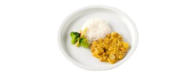 Tofugryta med kikärter, kokosmjölk och curry, jasminris, vaxbönmix. Nyponsoppa, vispgrädde