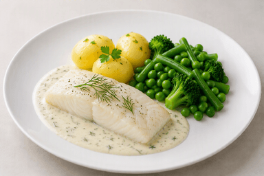 Lättrimmad fisk, örtsås, potatis, gröna grönsaker
