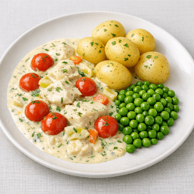 Krämig fiskgryta, potatis, ärter