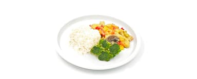Kycklinggryta med wokgrönsaker, jasminris, broccoli. Äppelpaj, vaniljsås