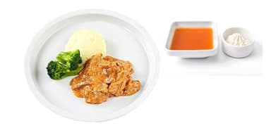 Korvgryta med dijonsenap och dill, potatismos, broccoli. Nyponsoppa, vispgrädde