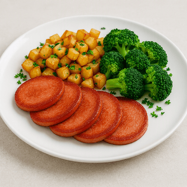 Stekt falukorv, stekt potatis, broccoli