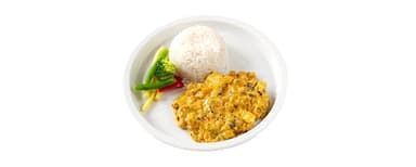 Tofugryta med kokosmjölk och curry, jasminris, vaxbönsblandning. Nyponsoppa, grädde