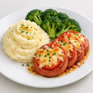 Ugnsgratinerad falukorv, potatismos, broccoli