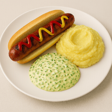 Halv special, grillkorv, bröd, mos